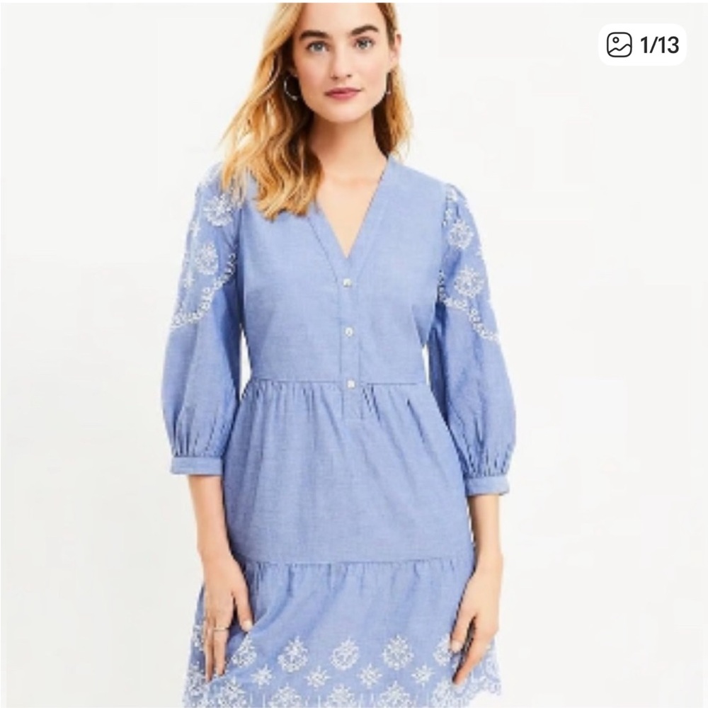 LOFT Blue Embroidered Tiered V-Neck Midi Dress